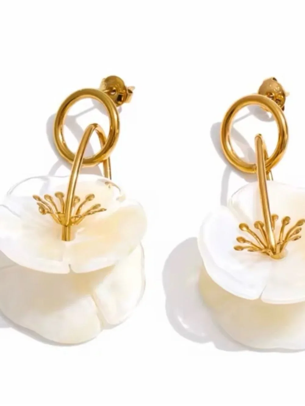 Gold and White Floral Drop Earrings